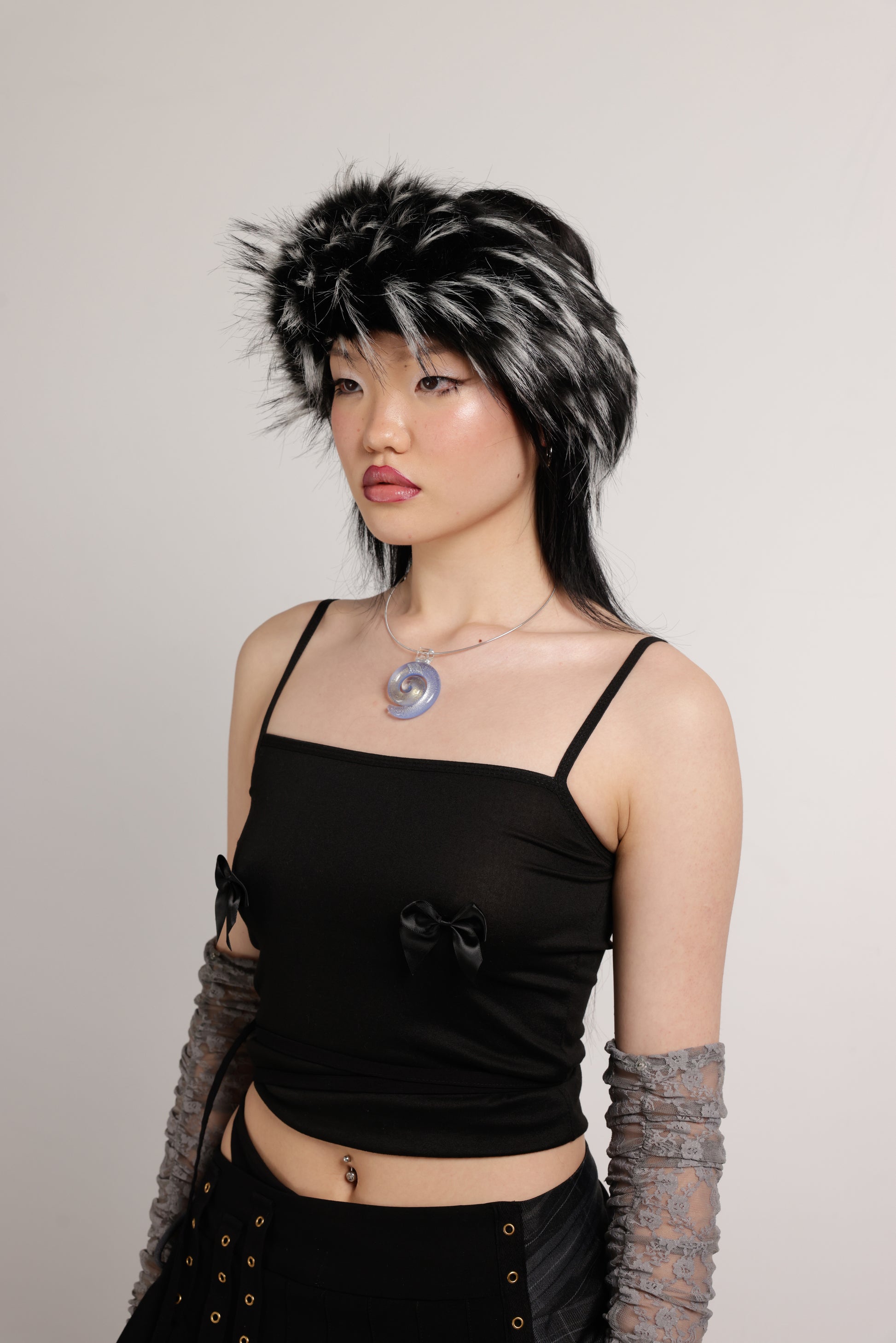 Girl in faux fur headband in black and white | Halo in Multi | Fur Head Warmer | Baobei Label