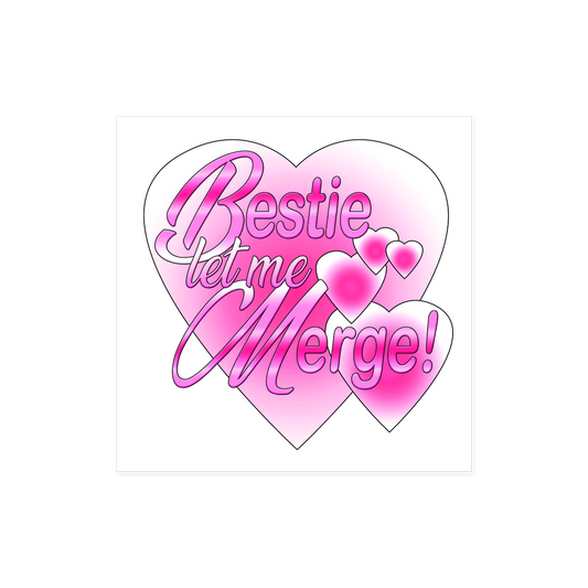Pink car bumper sticker with hearts and linked writing 'Bestie let me Merge' | Bestie Let Me Merge Bumper Sticker | Baobei Label