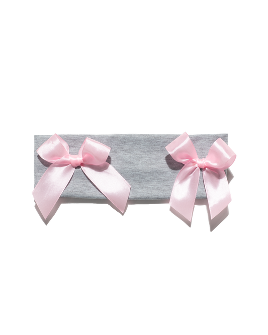 grey headband with two pink bows on both side | Bow Me a Kiss | Baobei Label | Headband
