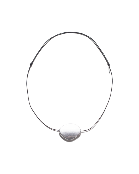 silver round stone like pendant on black necklace string | Sasa Pendant | Baobei Label