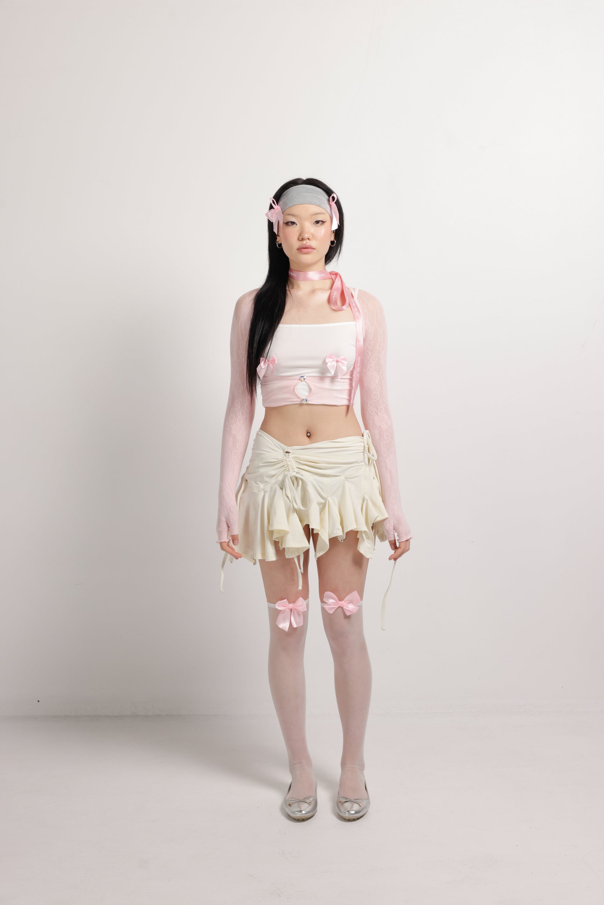 girl wearing sheer knee high socks with pink bows| Bow Me Sock in Pink | Baobei Label