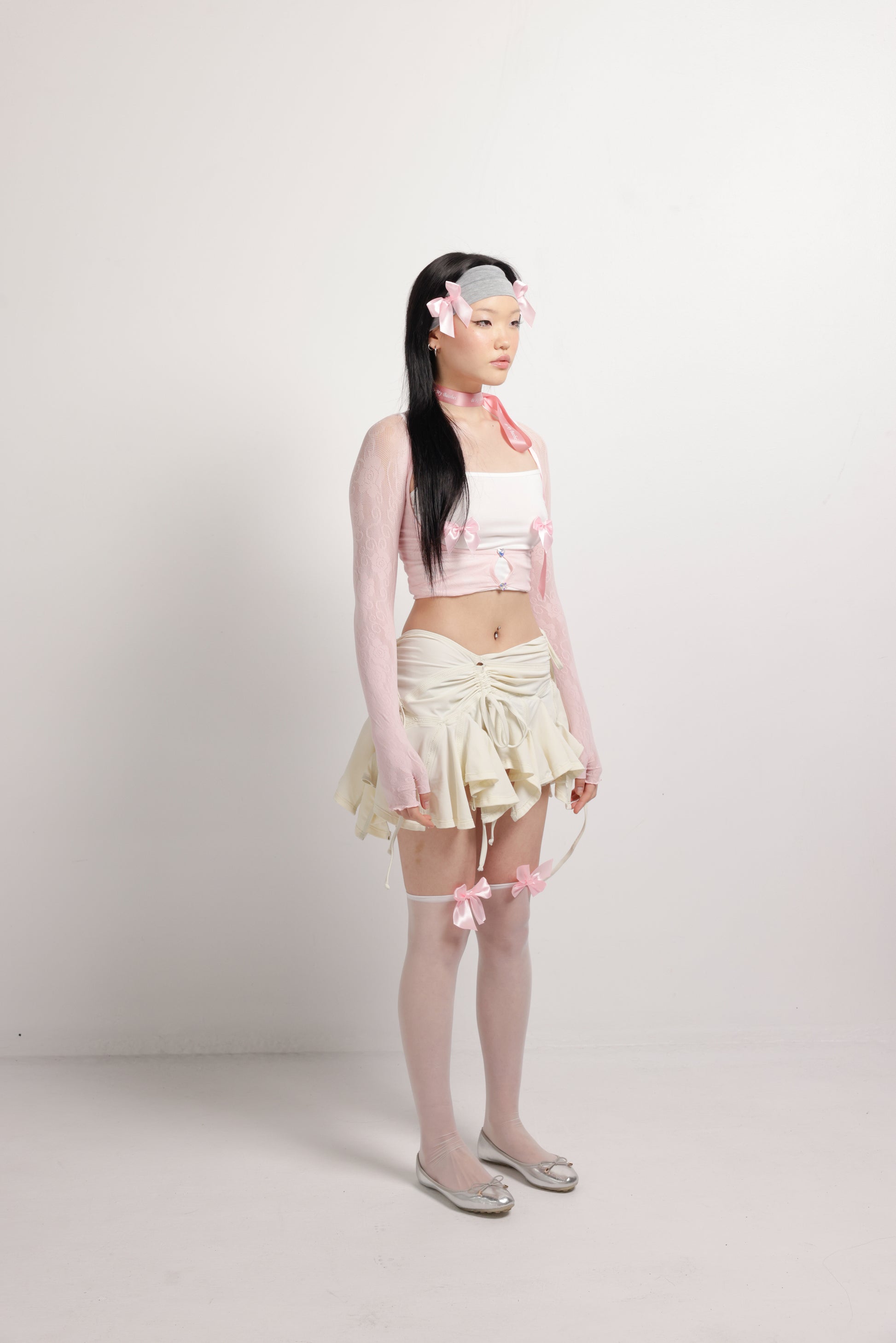 girl wearing sheer knee high socks with pink bows| Bow Me Sock in Pink | Baobei Label