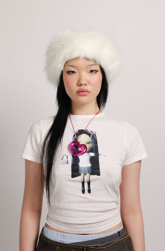 girl wearing faux fur white headband | Halo in Angel | Fur Head Warmer | Baobei Label
