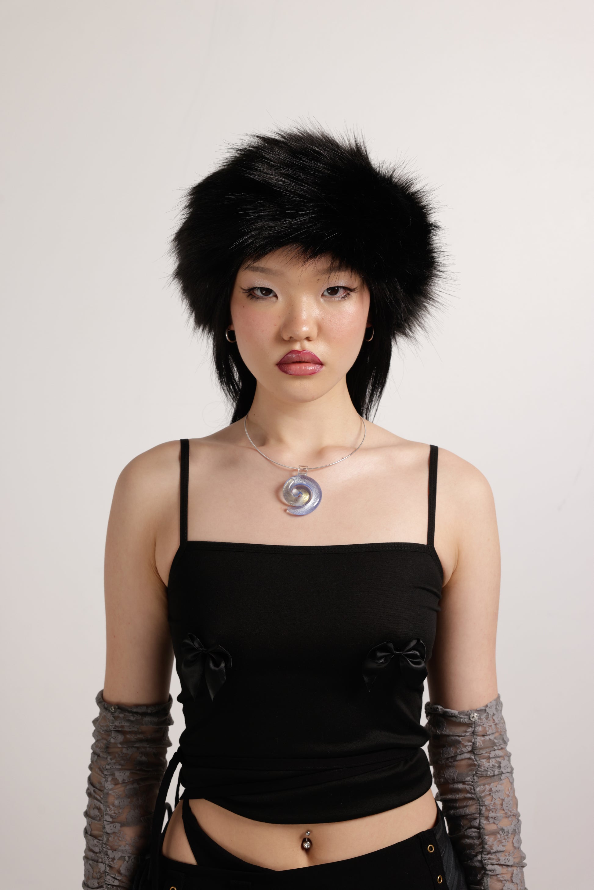 Girl in faux fur headband in black |  | Halo in Black | Fur Head Warmer | Baobei Label
