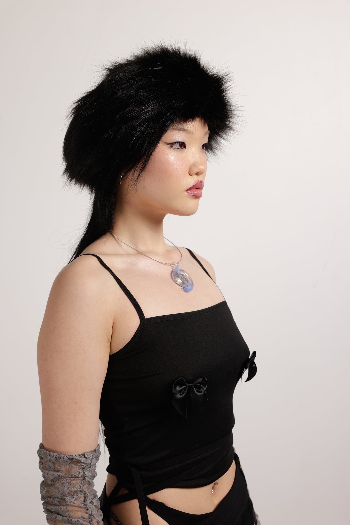 Girl in faux fur headband in black  | Halo in Black | Fur Head Warmer | Baobei Label