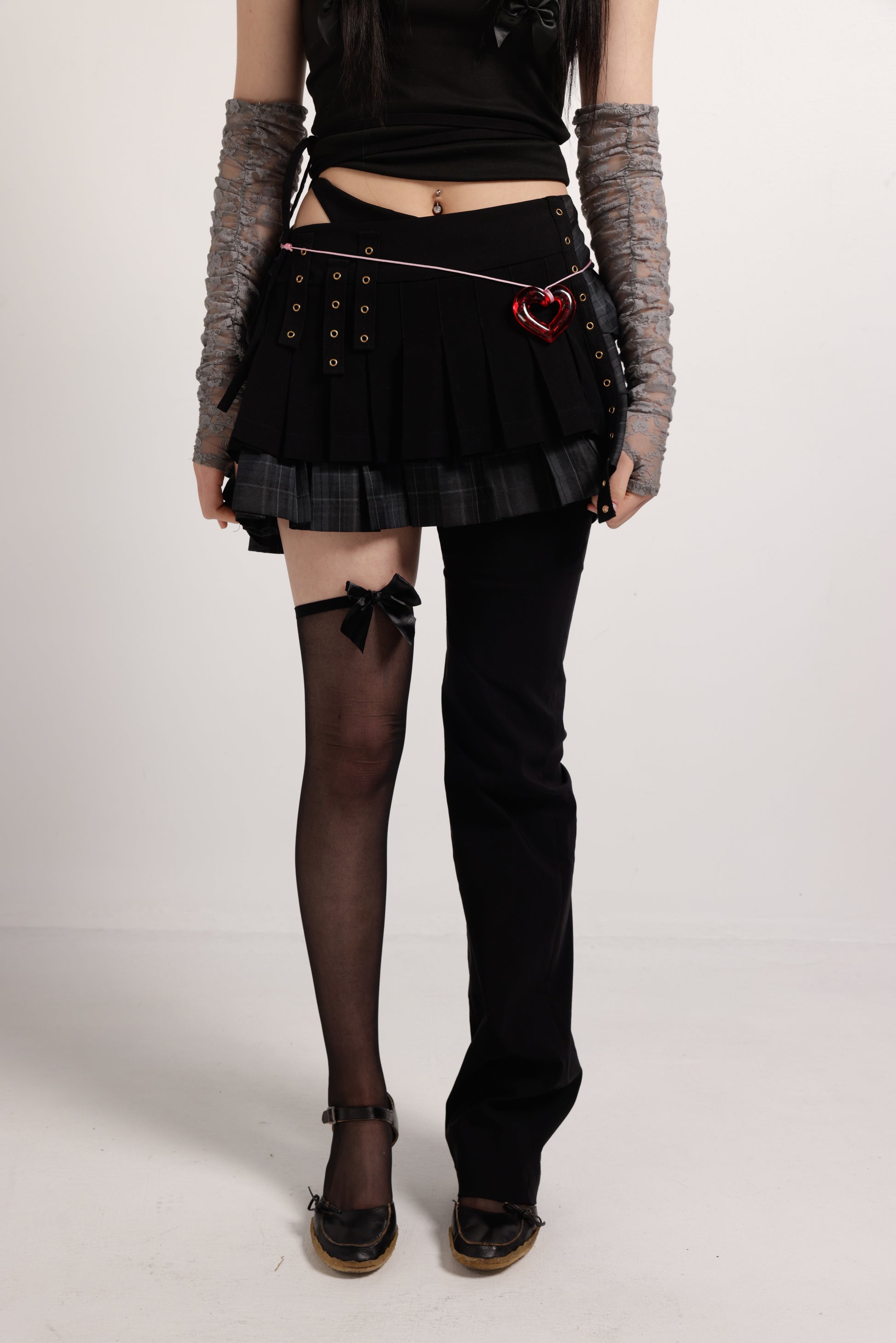 girl wearing one knee high sheer sock with black bow | Bow Me Sock in Black | Baobei Label