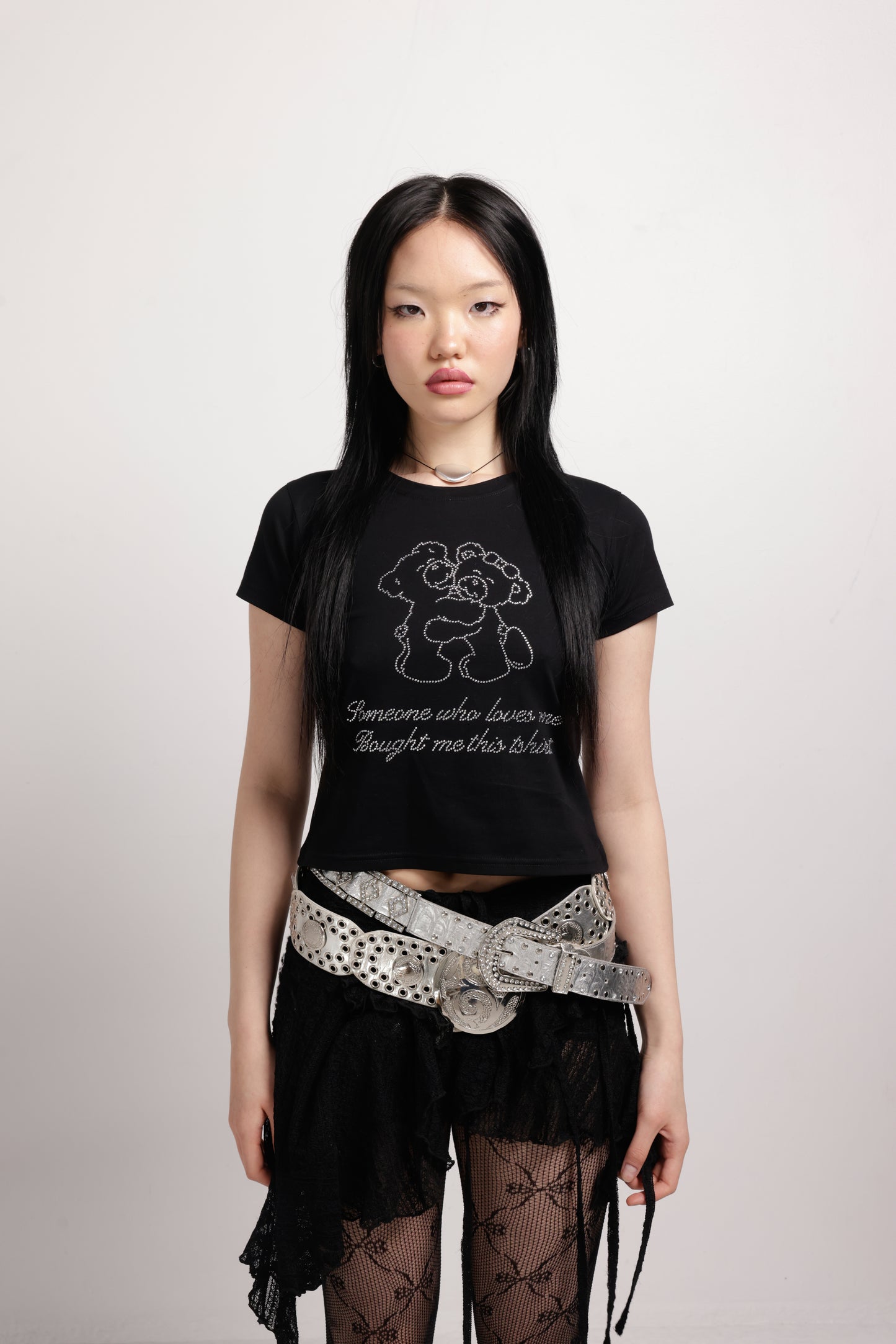 Girl wearing Black Teddy Tee with diamonte design | Teddy Tee in Black | Baobei Label