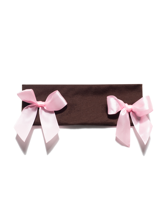 brown headband with two pink bows on both side | Bow Me a Kiss | Baobei Label | Headband | Buttermilk Accessories
