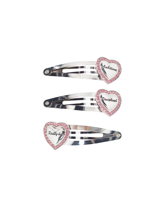 silver heart hair clip with pink gems | Ambitious, Disciplined, Really Hot Clips | Baobei Label