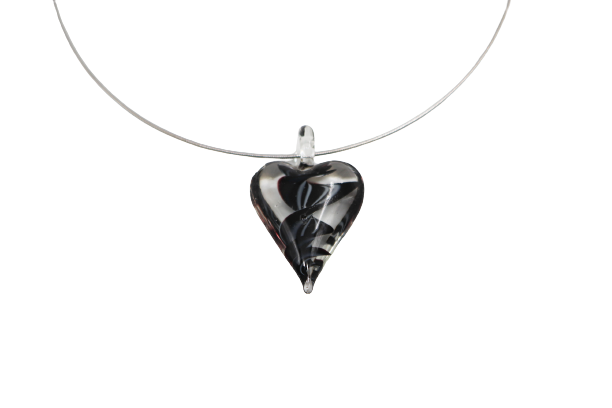 Black glass heart pendant on a metal wire | Glass Heart Pendant in Black | Baobei Label