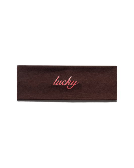 brown headband with red linked text 'lucky' | Lucky Girl in Boba | Brown Headband | Baobei Label