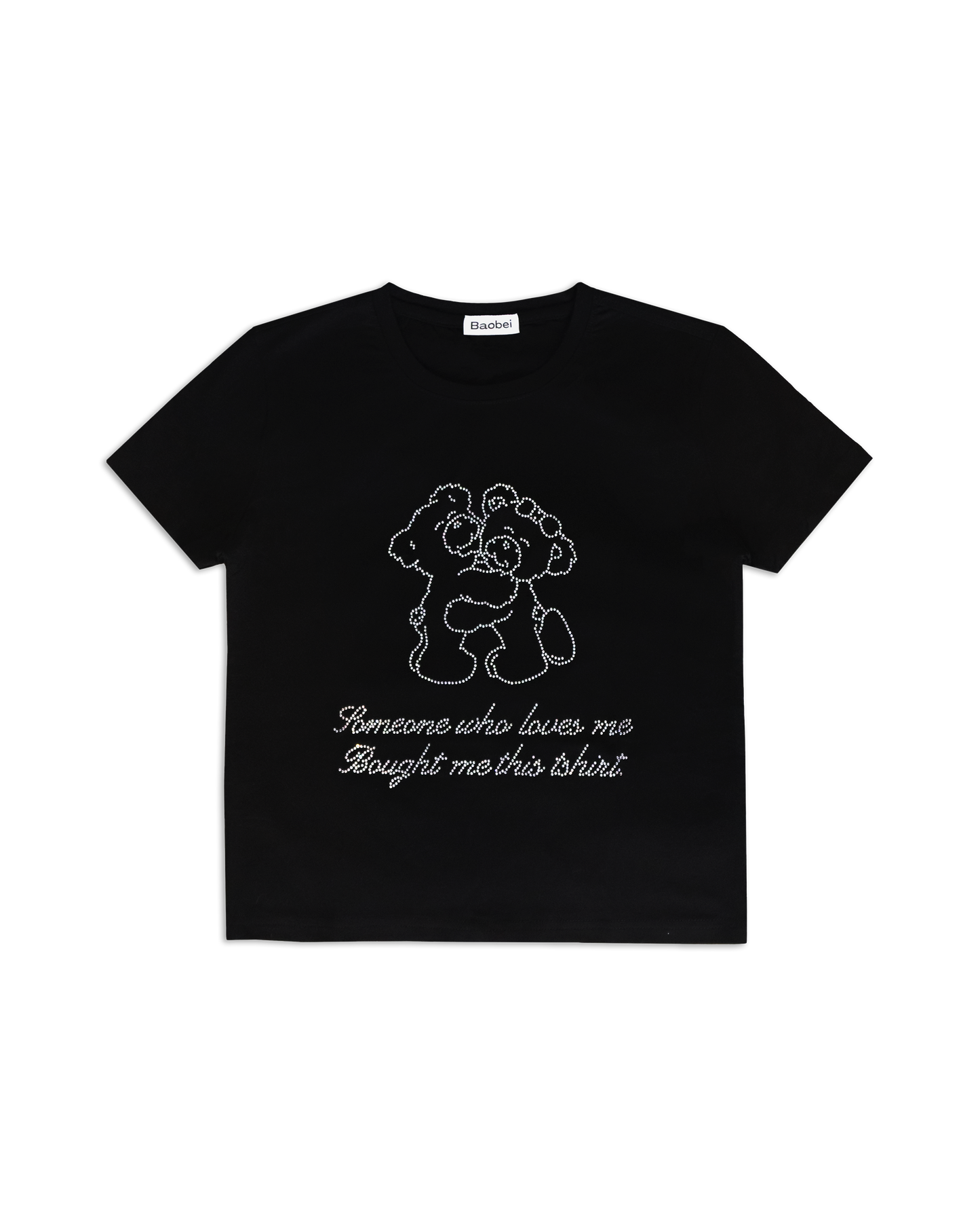 black tee shirt with rhinestone writing 'someone who loves me bought me this tshirt' and two bears hugging | Teddy Tee in Black | Baobei Label