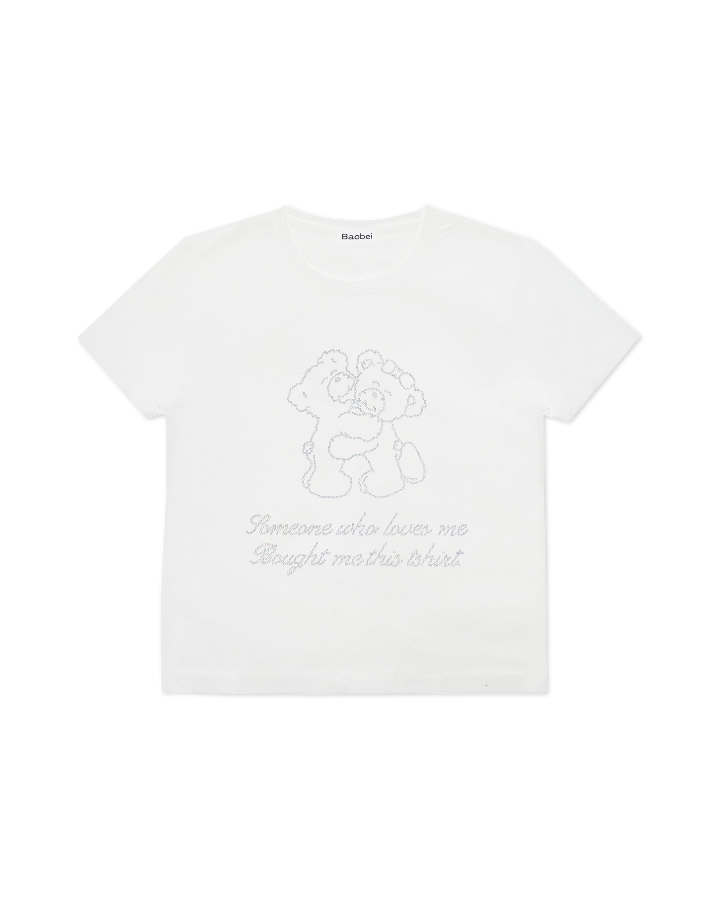 white tee shirt with rhinestone writing 'someone who loves me bought me this tshirt' and two bears hugging | Teddy Tee in White | Baobei Label