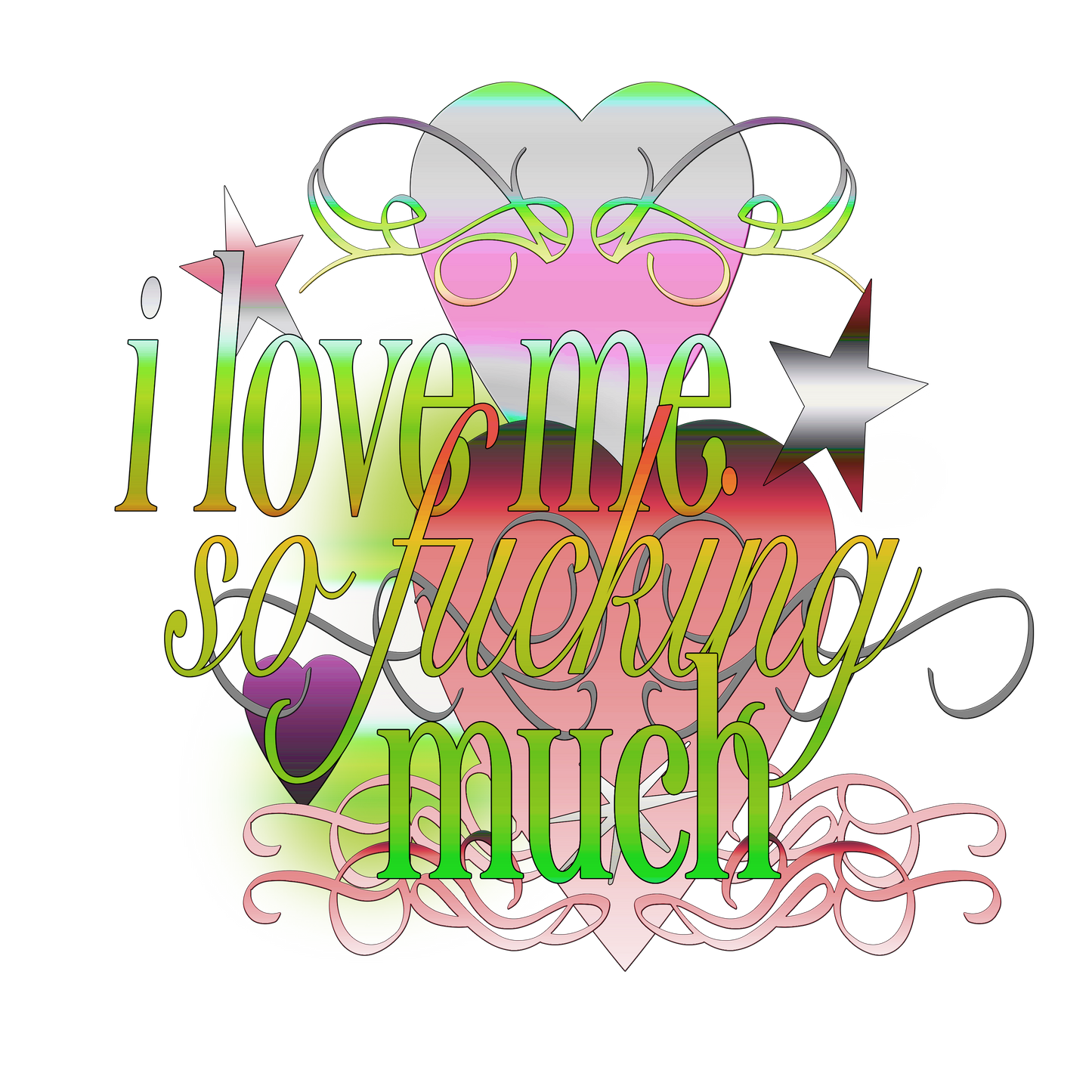 colourful wallpaper with text 'i love me so fucking much' in linked writing on top of hearts and stars | Love Me Wallpaper | Baobei Label